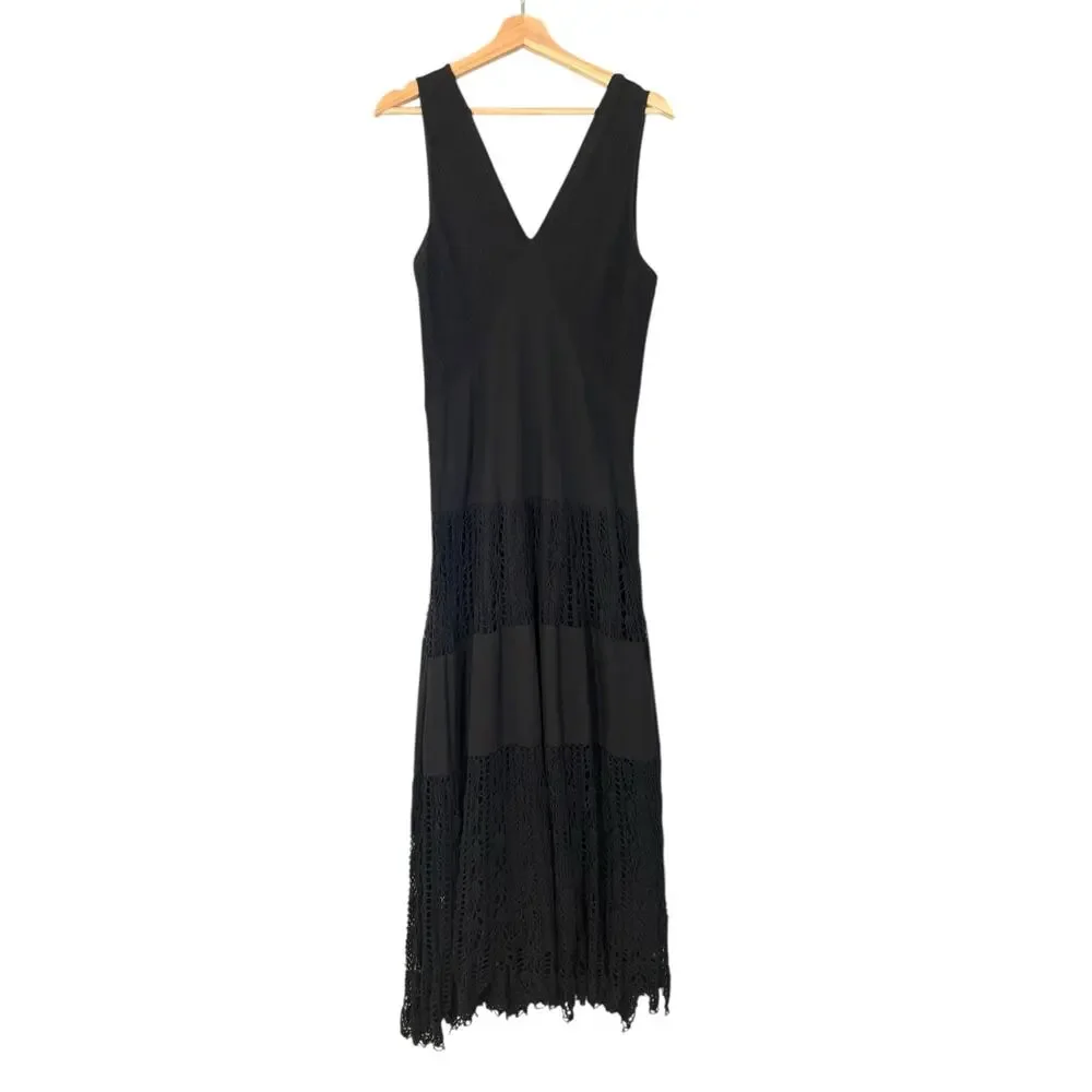 VTG Y2K Black Cotton Boho Maxi Dress Medium Smocked Crochet Knit‎ Slip Casual